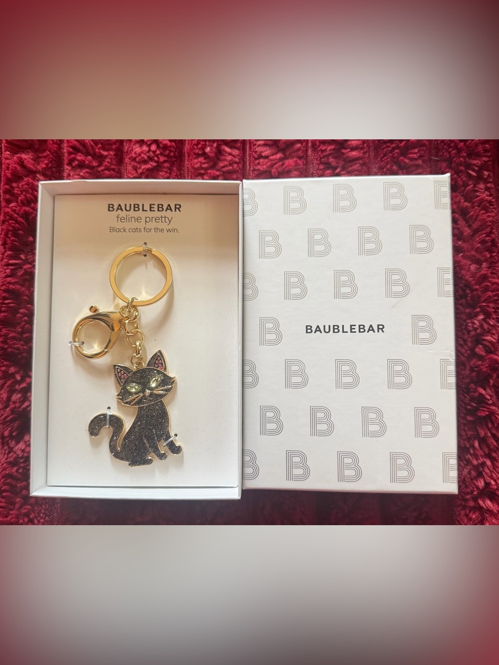 BaubleBar Black Glitter Cat Keychain with Gold Hardware